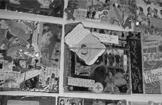 black and white collage of pictures and words arranged in a square grid pattern