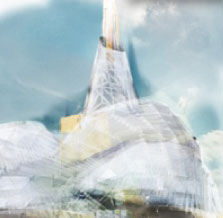 Projected drawing of the Canadian Museum for Human Rights in Winnipeg:  a white dome building with a conical tower drawn in front of a blue sky