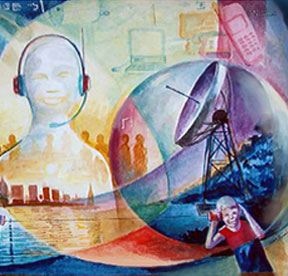 Colourful drawing of various methods of communication
